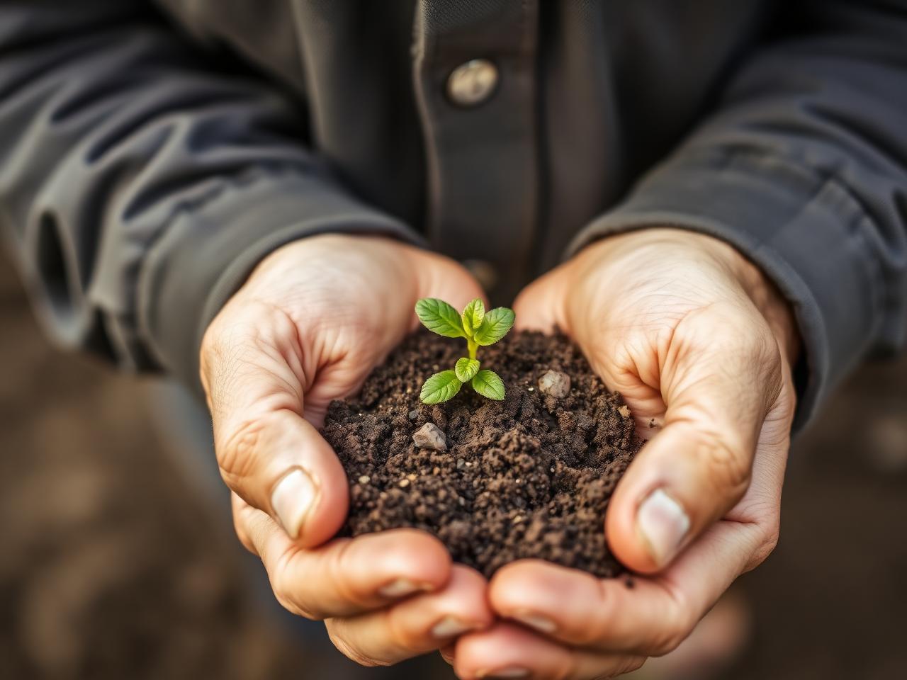 Mani di agricoltore con terra e germoglio